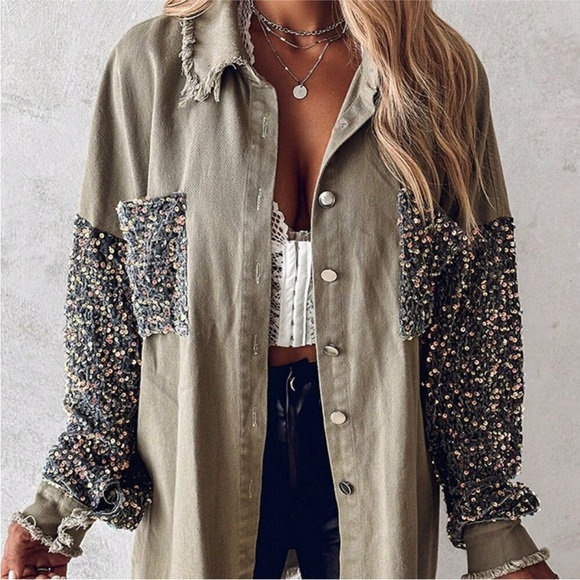 Khaki Party Women’s Turn-Down Collar Sequin Raw Hem Button Down Shacket - Picture 4 of 7